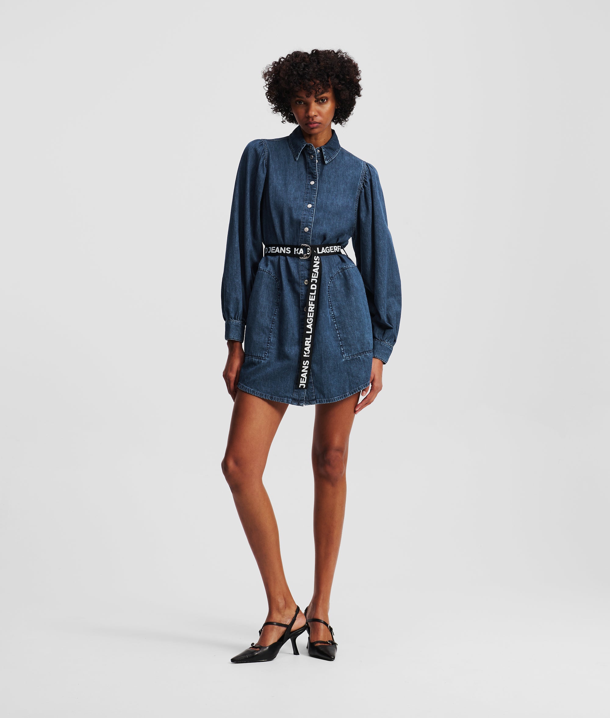 PUFF-SLEEVED DENIM DRESS
