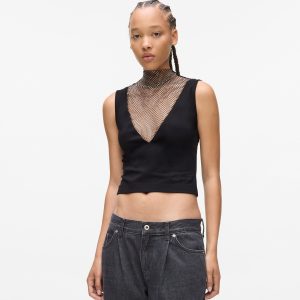 V-neck rhinestone mesh top