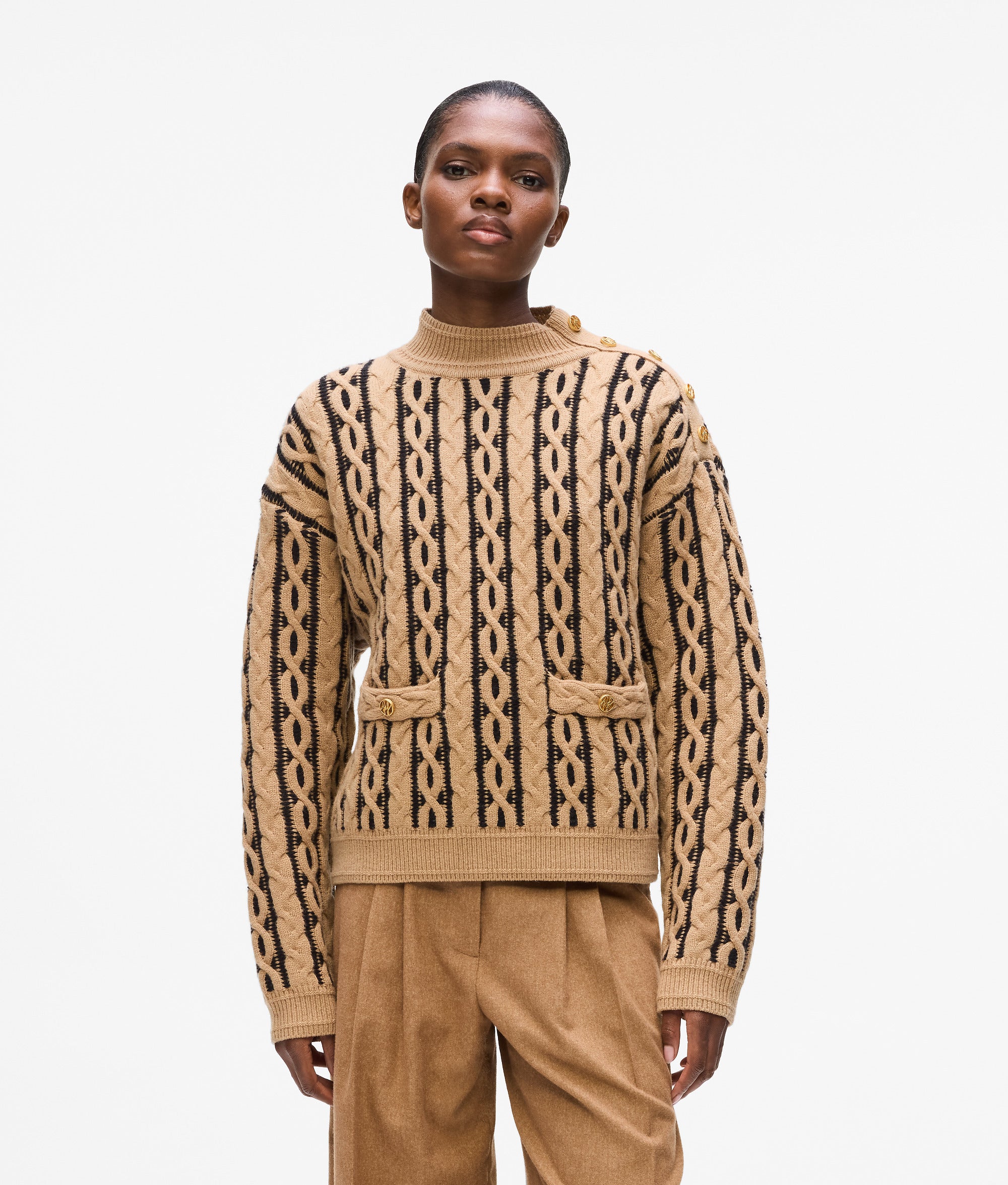 Cable knit mock neck sweater